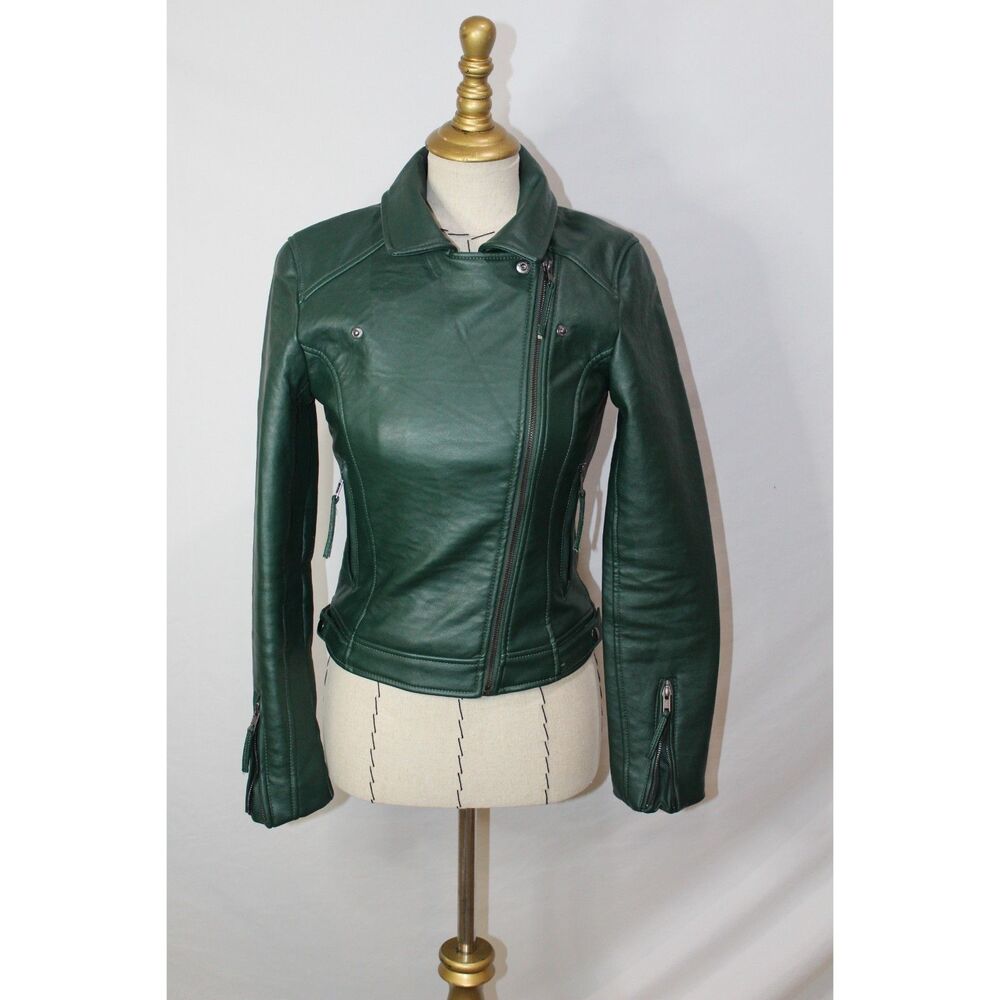 Dark Green Faux Leather Moto Biker Jacket Asymmetrical Zip Pockets Small